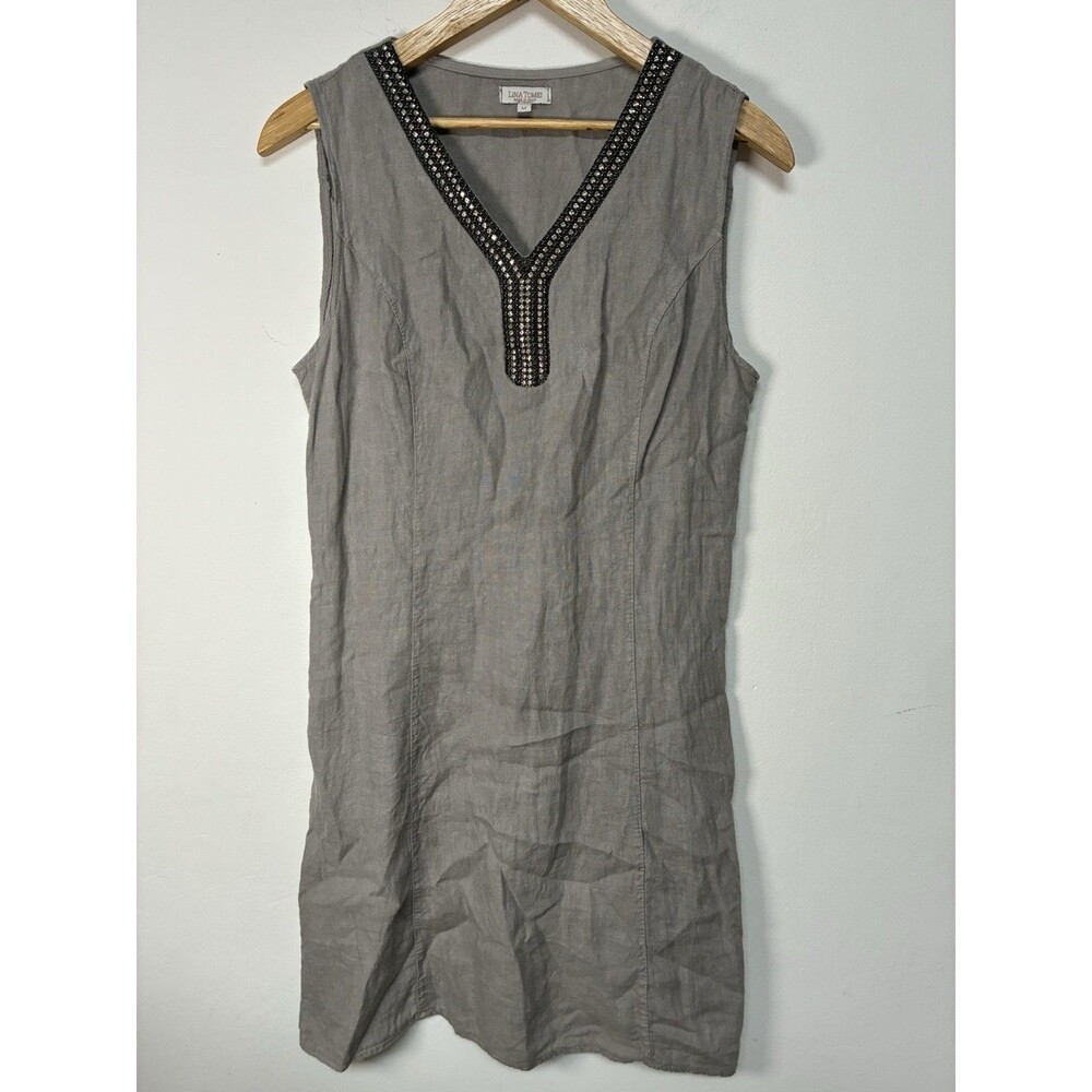 Lina Tomei Dress Womens M  Taupe Linen Beaded V Neck Sleeveless Made In Italy